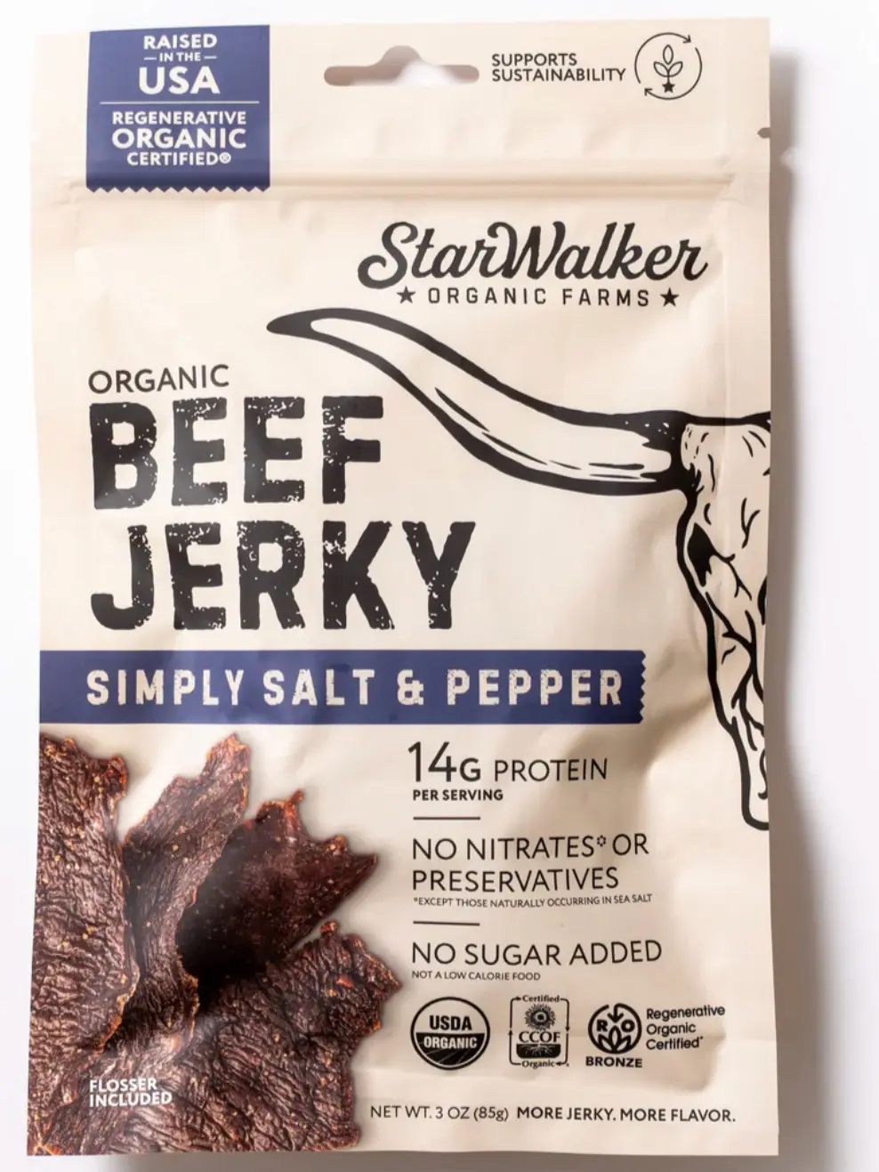 100% Grass-fed Pasture Raised Salt & Pepper Beef Jerky | Regenerative Organic Certified from California