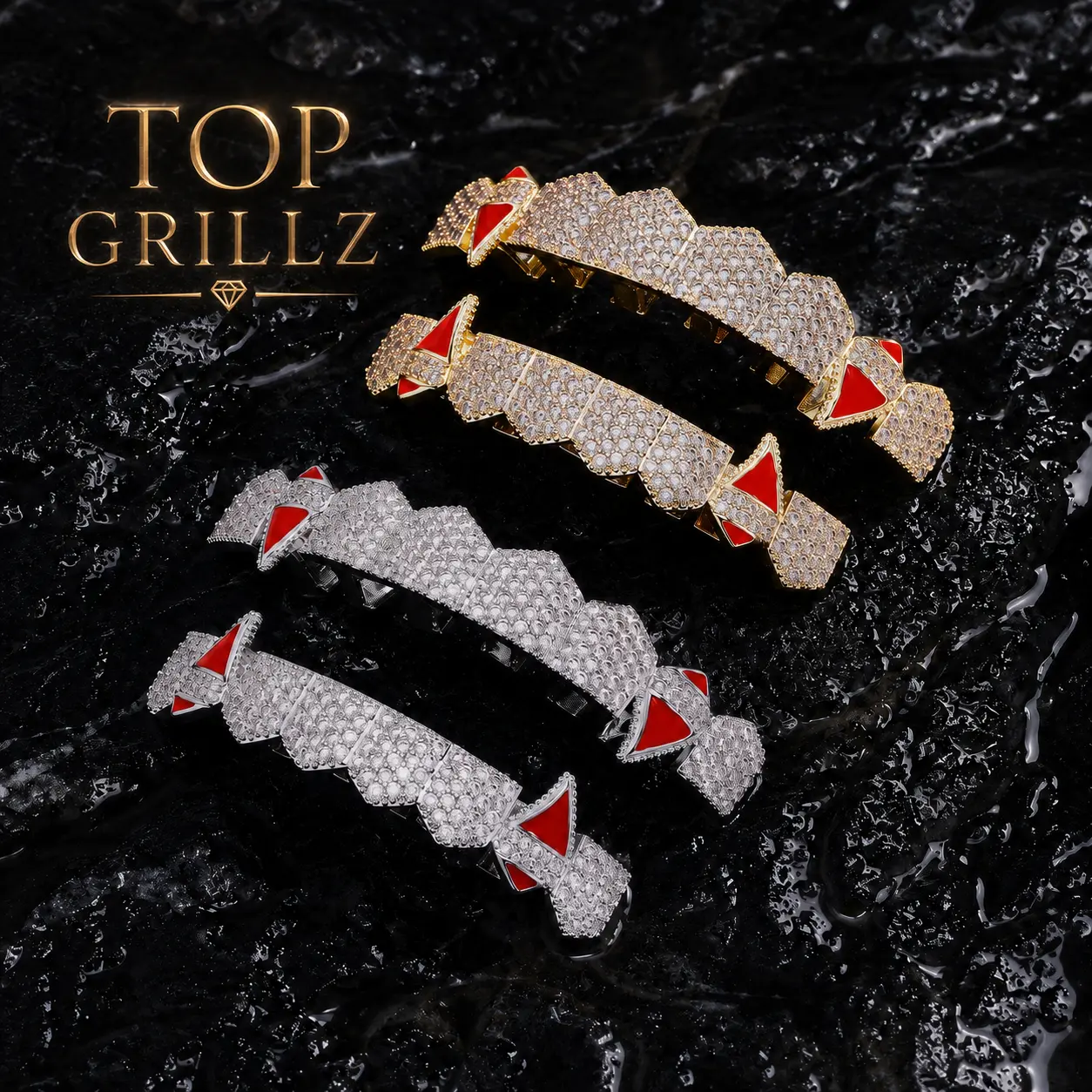 T.O.P GRILLZ Iced-Out Diamond Grillz for Men and Women, 8-Fang Micro-Pavé 14K Gold-Plated Teeth, Hip-Hop Rapper Jewelry and Halloween Vampire Costume Accessory