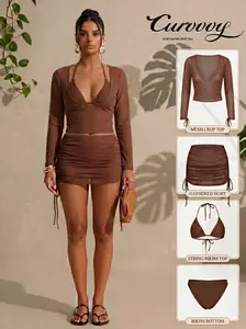 Curvvvy NewYearHaul Women’s 4PCS Sexy Bikini Set with Sheer Cover-Up, Plunging Slim Fit Swimsuit, Adjustable Straps Tummy Control Beach Vacation Swimwear Mesh Bathing Suit, Nylon