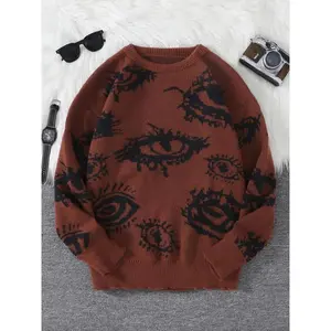 Unisex Halloween Devil Eye Hoodie Sweater, Round Neck Long Sleeve Knit Top, Asymmetrical Design, Polyester, Fall & Winter Party Wear