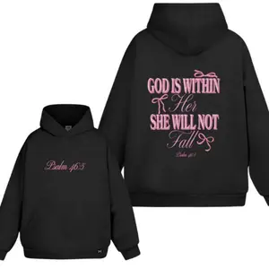 💖 Pink Christian Hoodie "God Is Within Her She Will Not Fall", 2-Sided Inspirational Faith Pullover, Spiritual Quote Sweatshirt/Tee, Unisex 100% Cotton Streetwear, Trendy Aesthetic Gift, TikTok Viral Blessing Apparel