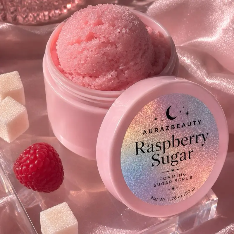 Raspberry Sugar Fragrance Vegan Body Scrub - 1.7 oz Scented Foaming Sugar Exfoliator, Gentle Body Care for Daily Cleansing & Hydration