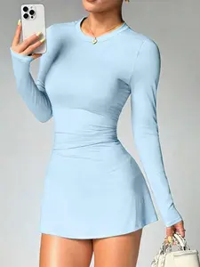 Dewbera Long Sleeve Athletic Dress with Shorts & Phone Pocket - Light Blue Drawstring Waist Tennis Dress for Gym, Yoga & Workout