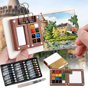 Mini Watercolor Travel Paint Set, Travel Watercolor Set, Portable Artist Palette Sets with Colours, Book,Binder Clips,Pens,Wooden Paint Box for Painters Artists Student Portable Small Miniature Pocket Water Color Painting Kit with Wooden