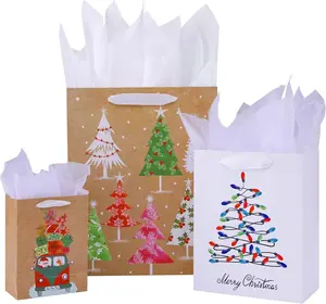 9 Pack Assorted Christmas Gift Bags with Tissue Paper - Brown