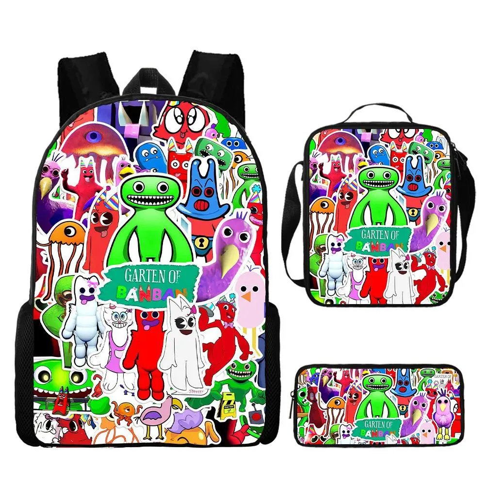 3 Piece Garten Of Banban Cartoon Sticker Collage Print Laptop Backpack Set Kids Horror Game School Bag Crossbody Lunch Bag Pencil Case