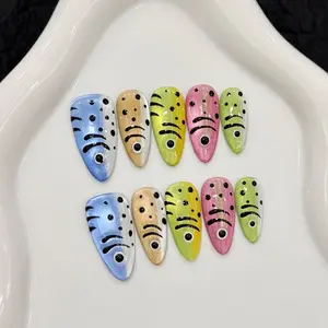 10pcs Handmade Almond Nails, Beautiful False Nails, Creative Design Colorful Fish Nail Art, Suitable for Women, Single Item Pack