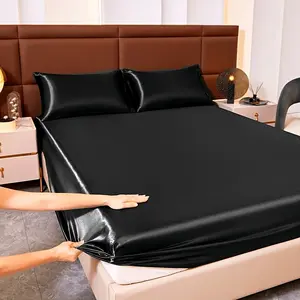 3pcBlack Fitted Sheet 3pc Set、30cm Deep Pocket Bed Hat、Satin Black Bedding Set、Coreless Pillowcase & Bed Cover、Sleek Black Bed Linen、11.81in Deep Fitted Sheet、Luxury Black Bedding 3pcs、Shiny Black Bed Hat Set