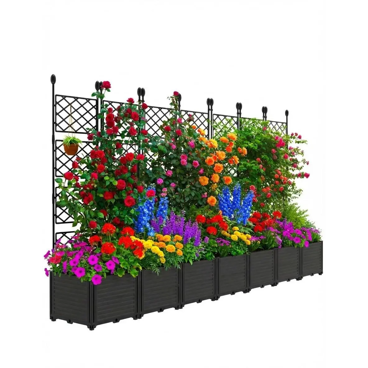 7-Section Raised Garden Bed with Metal Trellis, Privacy Panel & Drainage Holes – Outdoor Planter Box for Roses, Cucumbers, Tomatoes, 115"W x 63"H