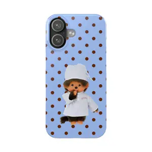 Sleepy Monchichi With Blue and Brown Polka Dot iPhone Case | Kawaii Retro ToySuitable for iPhone 17-11 Pro Max/Plus and  Samsung Galaxy S23-25