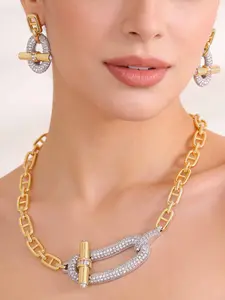 New Fashion 18k Gold-Plated Zircon U-Shaped Horseshoe OT Buckle Chain Necklace & Earrings Set for Men & Women, Elegant Jewelry Gift