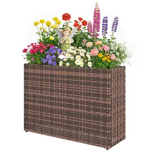 Brown Tall Rectangular Planter with Removable Liner Drainage Holes PE Wicker Large Box for Indoor Outdoor Plants 31.9 Inch Wide for Patio Balcony Living Room Office