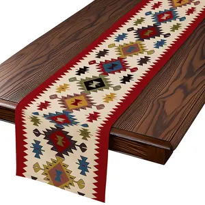 1pc Bohemian Table Runner - Bright Geometric Pattern Polyester Square Tablecloth for Kitchen Dining Decoration, Holiday Party Supplies and Home Atmosphere Decoration, Dining Table Decoration, Faux Linen Look, Durable Material