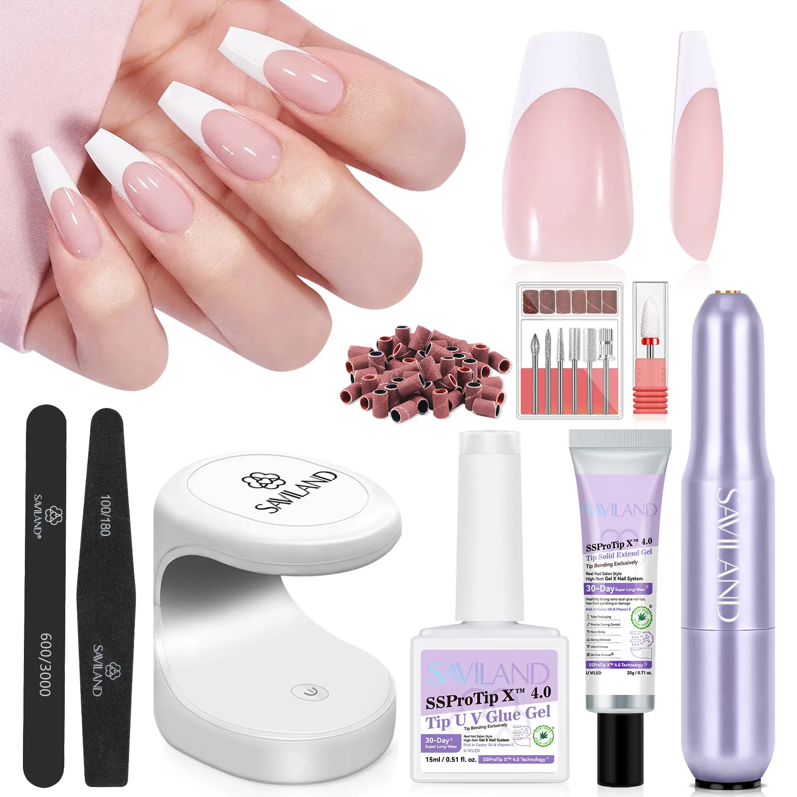 SAVILAND Gel Nail Kit – Complete Set with 16-Size French Tip Press-On Nails, Coffin Shaped Soft Gel Tips, UV Lamp, Solid Glue, and Drill Tool for Home Use.