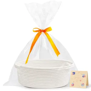 Small Woven Basket with Gift Bags and Ribbons Durable Baskets for Graduation Gifts Empty Small Rope Basket for Storage 12"X 8" X 5" Baby Toy Baskets with Handles, White