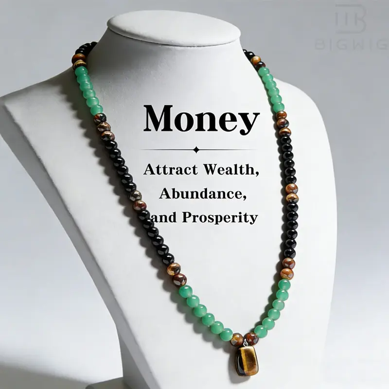 Green Aventurine & Tiger Eye Money Attraction Necklace, Natural Healing Crystal Pendant for Wealth & Prosperity, Long Chain Sweater Necklace, Ideal Gift Jewelry for Men and Women, Jewelry Charms for Anniversary, Vacation &Theme Parties