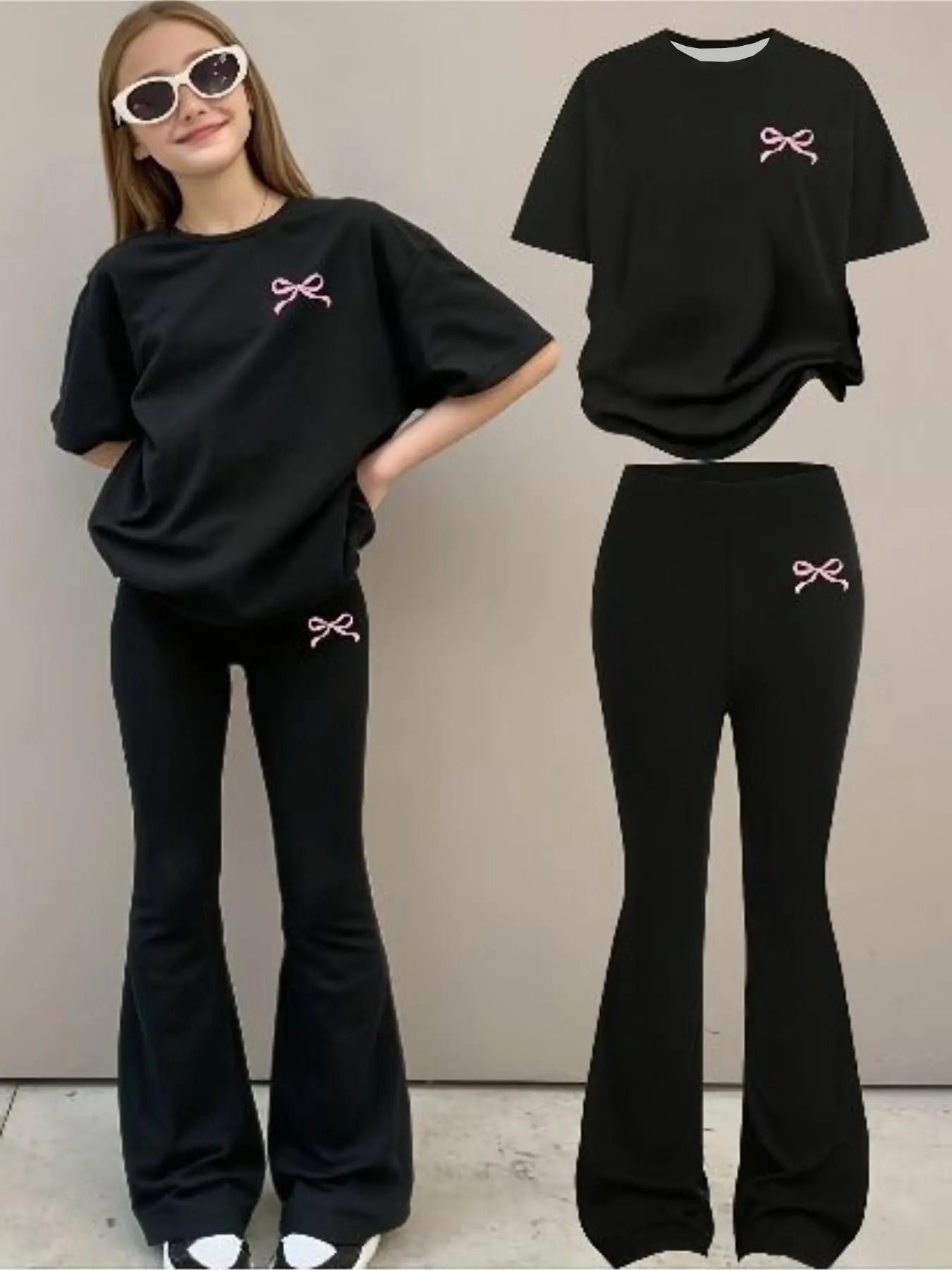Summer Fashion Girls' Bow Print Short Sleeve Breathable Loose Top & Tight Fit Pants Set, Suits, Two-Piece Matching Design, Perfect for Outdoor Activities, Style