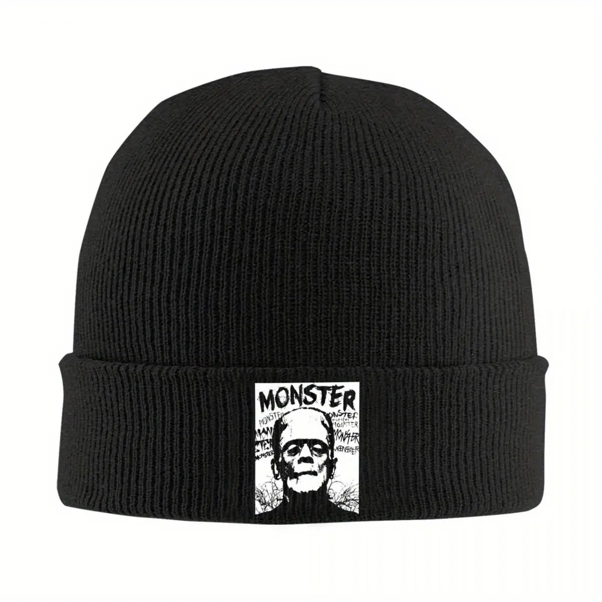 Unisex Black Frankenstein Monster Knit Beanie - Sports & Outdoor Hat, Warm Breathable Acrylic, Soft Ribbed, Stretchable, Heat Insulating, Halloween Horror Fan Costume, Autumn Winter Thermal, Commute Use, Hand Wash Only, Skin-Friendly, Casual, Warmth Boost