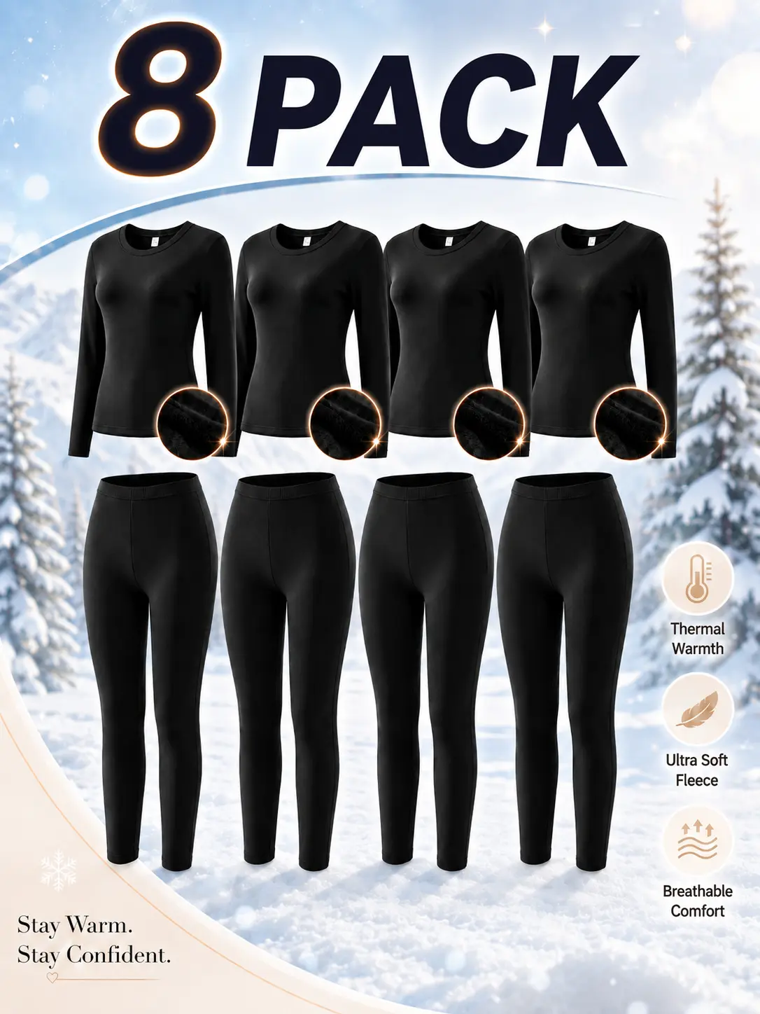 Women’s 8-Pcs (4 Tops + 4 Bottoms) Basic Thermal Underwear Set, Lightweight Thin Fleece-Lined Stretchy Long Johns Base Layer, Comfortable Soft Warm Top & Leggings for Winter Layering, Cold Weather, Skiing