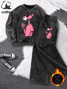 Women's Two-Piece Set Leopard Print Sweatshirt & High Waist Long Pants, Casual Long Sleeve Top & Fleece Lined Pants, Fall Winter