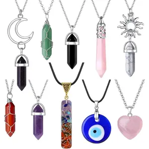 10 Pcs Crystal Necklace Healing Amethyst Crystals Carnelian Chakra Necllaces Evil Eye Necklace Vintage Hippie Wiccan Boho Rose Quartz Moon Sun Jewelry Heart Gemstone Pendant for Women