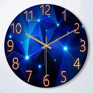 12in Round No-Frame Modern Wall Clock, Dark Blue Thick Tempered Glass with Geometric Elements, Silent Quartz Movement for Living Room Home Decor Gift