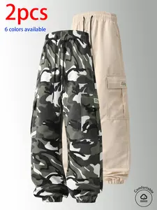 2-pack men’s long pants: camouflage cargo jogger pants with an elastic drawstring waistband and large side pockets; loose fit that doesn’t constrict the legs. Available in multiple colors; suitable for outdoor hiking and camping, everyday streetwear, shor