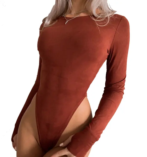 Women's Long Sleeve Round Neck Bodysuit, Fleece Texture, Russet Brown Color, Casual Fall Outfit, 2023 Trendy Fall Clothes Set, Please Purchase a Size Up