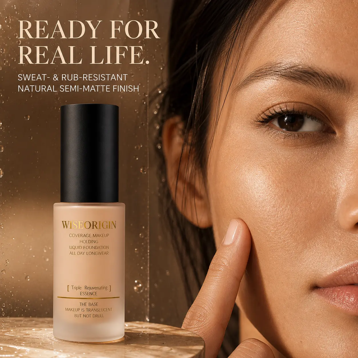 4WISEORIGIN Longwear Waterproof Liquid Foundation, Natural Soft-Matte Finish, Lightweight Buildable Coverage, Sweat-Resistant & Rub-Resistant Makeup, True-Color Non-Oxidizing Wear, Smooth Non-Cakey Base for Everyday, Summer & Night Out, 30 mL