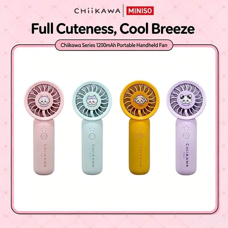 [New Arrival] MINISO Chiikawa Series 1200mAh Portable Handheld Fan. Lovely Kawaii Chiikawa Cartoon Appearance, Built-In 1200mAh Rechargeable Battery, Lightweight Compact Body Easy To Carry In Bags, Back-to-School Gifts