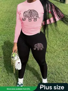 【Plus Size】 Two-Piece Set Elephant Print Tee & Skinny Pants, Casual Round Neck Long Sleeve T-shirt & Trousers for Daily Wear, Women's Two-piece Outfits for Fall & Winter