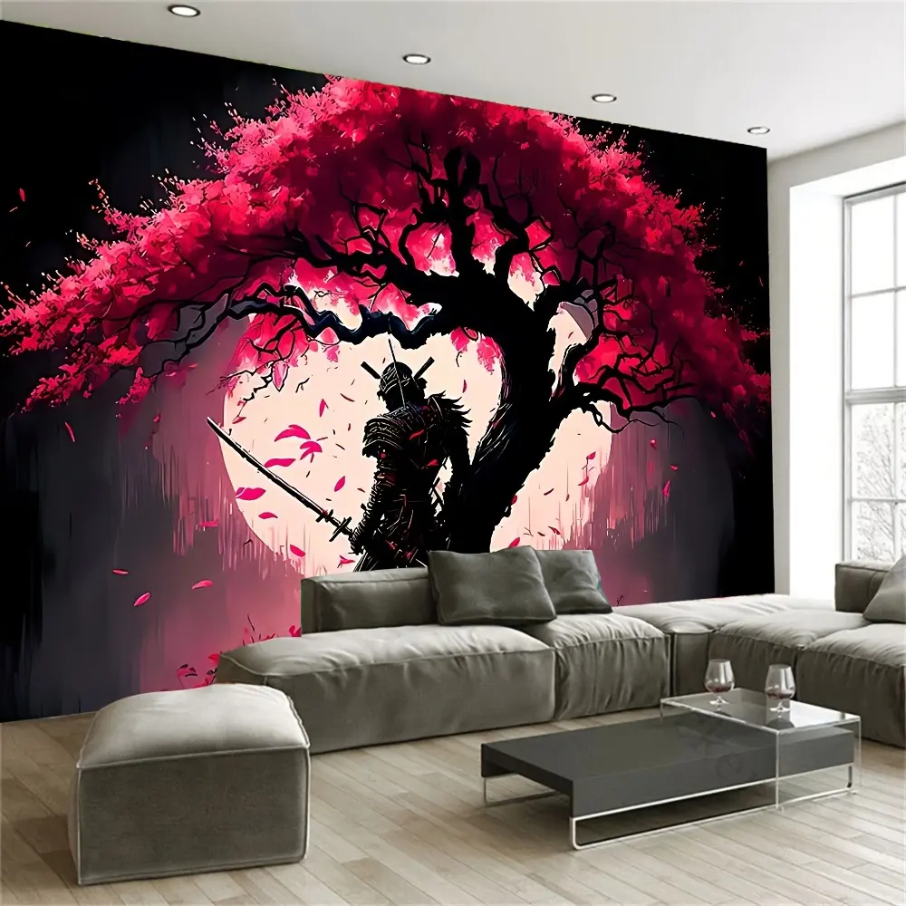1 Sheet Japanese Samurai Tree Wall Art Tapestry - Vibrant Synthetic Asian Theme Home Supplies, Aesthetic Knit Fabric, Free Installation Kit, Sakura Room Decor Accessory for Indoor Living Room, Bedroom, Decor Accessories