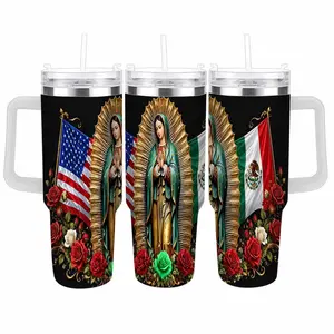 Virgin of Guadalupe Car Cup (40oz/30oz/20oz) Mexican American Flag Floral Pattern  Double Wall Stainless Steel  Insulated  Leak Proof  Travel Mug  Ideal for Home  Office  Religious Events  Holiday Gifts  Road Trips  Everyday Use