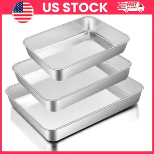 Stainless Steel Baking Pans Set of 3 Rectangle Cake Pans for Oven with Flat Bottom Deep 2 Inch Bakeware Set for Lasagna Brownie Casserole Cookie Roasting Pan Non Toxic Dishwasher Safe Kitchen Baking Set Home Cooking Essentials