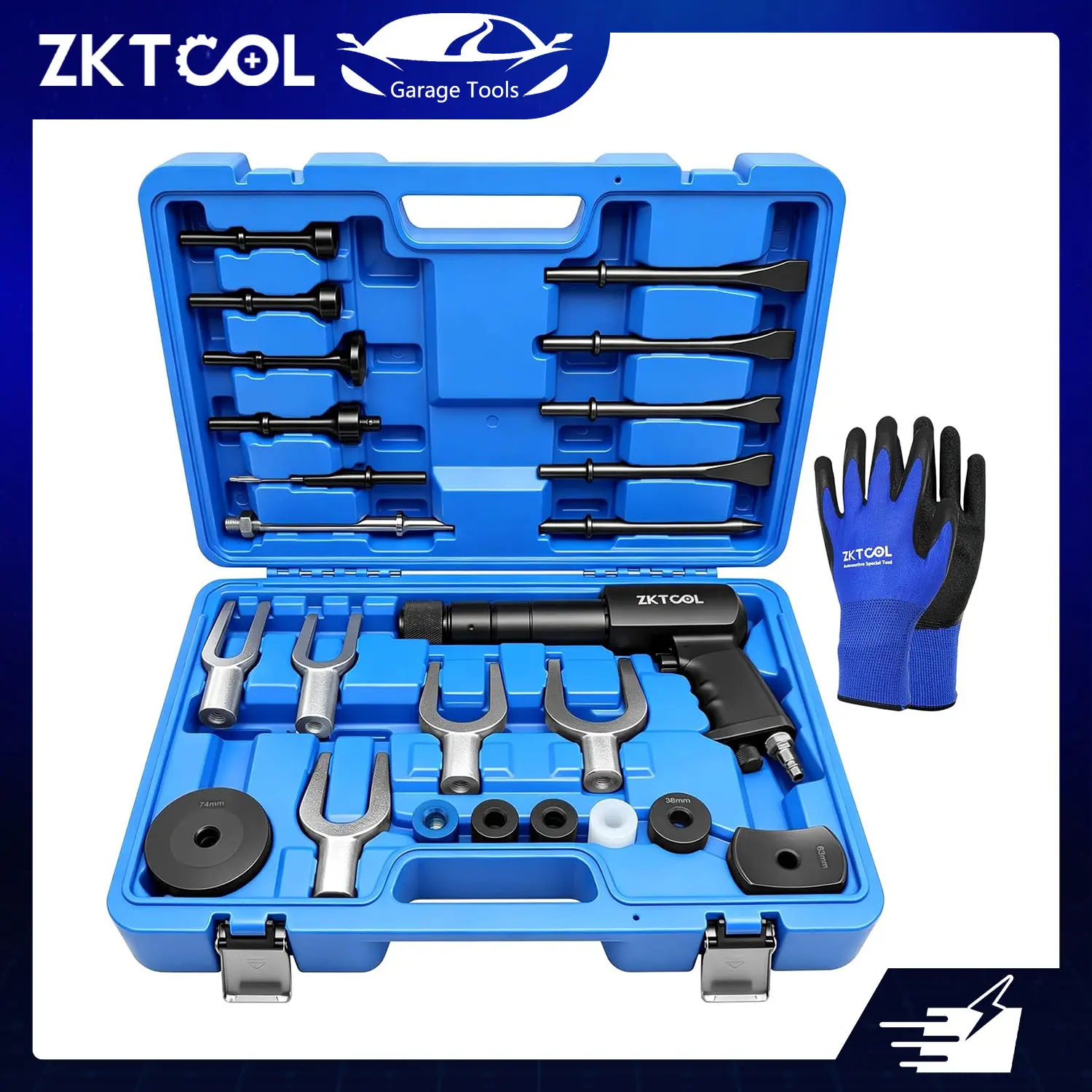 ZKTOOL 27-piece Pneumatic Hammer Set, 2500 BPM Professional Pneumatic Chisel Set, Heavy Duty Pneumatic Hammer, Suitable for Auto Repair Shops and Metal Cutting, Set with Chisel Head and Ball Head Separator - Includes Toolbox and Gloves