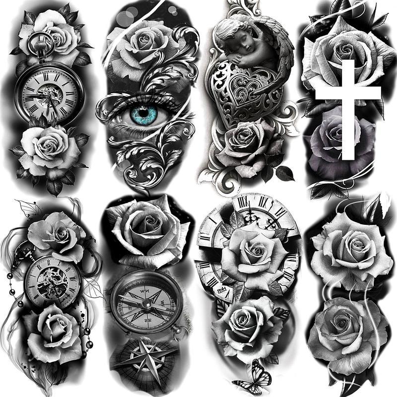 8pcs Half Arm Sleeve Skull & Rose,Animal Pattern Temporary Tattoo Sticker,Body Art Sticker For Women & Men
