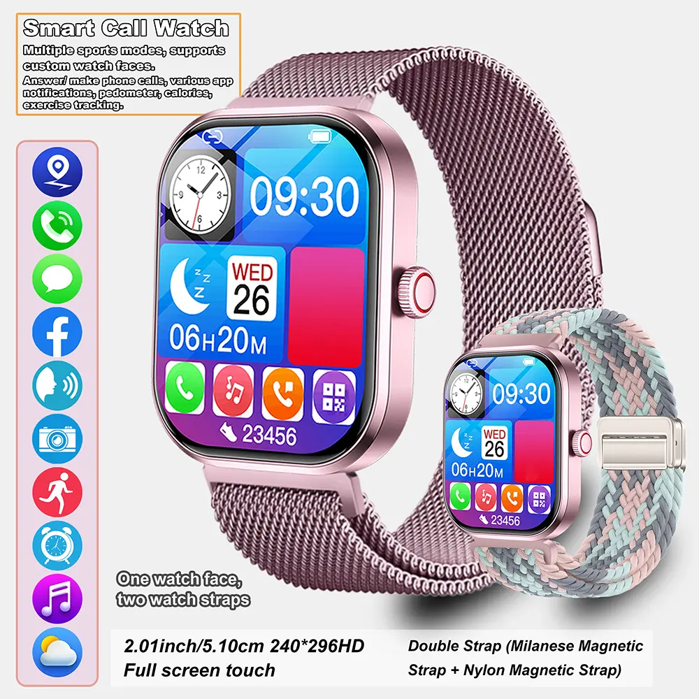 Fashionable smart watch, wireless calling/dialing, message reminders, step counting, multiple sports modes, exercise tracking, customizable watch faces, smart wearable device, can connect to smartphones, compatible with iPhone/Android, sports wearable