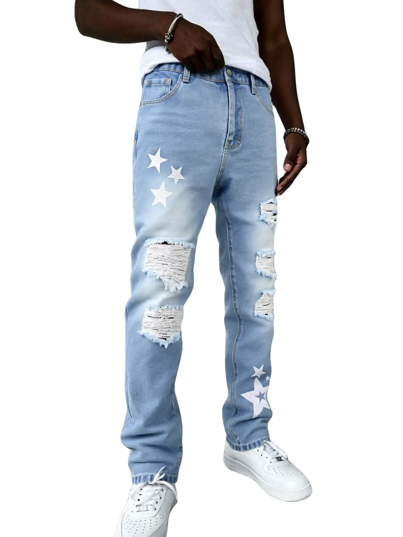 Men's Slim Fit Menswear Trousers, Denim with Ripped Detail and Washed Raw Hem, Breathable Summer Casual Wear, Pocket, Fashion Apparel, Denim Fabric, Jeans, Streetwear, Christmas, Straight, Stylish, Mens Clothing, Valentines Day, Slim-Fit Cut