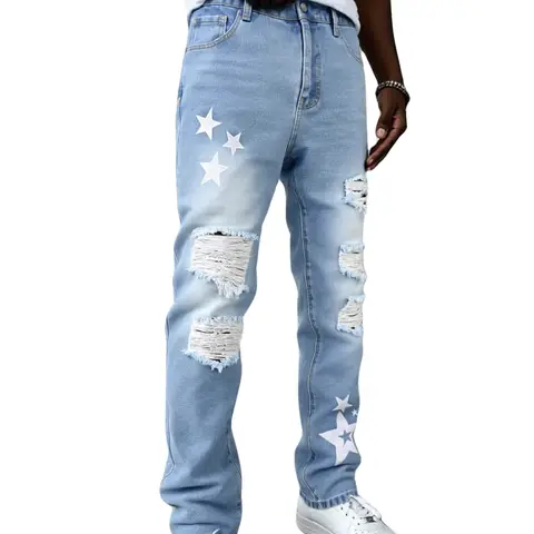 Men's Slim-Fit Denim Jeans - Mid-Waist Straight Cut Stylish Fashion Trousers with Ripped Detail, Washed Raw Hem, Multi-Function Pocket, Breathable Fabric, Machine Washable, Embroidery, Regular Size, Christmas Casual Wear Apparel for Fit Men
