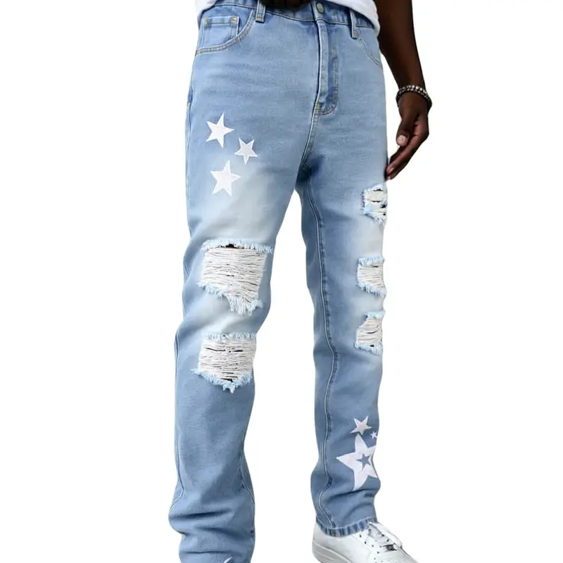 Men's Slim-Fit Denim Jeans - Mid-Waist Straight Cut Stylish Fashion Trousers with Ripped Detail, Washed Raw Hem, Multi-Function Pocket, Breathable Fabric, Machine Washable, Embroidery, Regular Size, Christmas Casual Wear Apparel for Fit Men