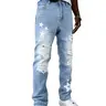 Men's Slim-Fit Denim Jeans - Mid-Waist Straight Cut Stylish Fashion Trousers with Ripped Detail, Washed Raw Hem, Multi-Function Pocket, Breathable Fabric, Machine Washable, Embroidery, Regular Size, Christmas Casual Wear Apparel for Fit Men