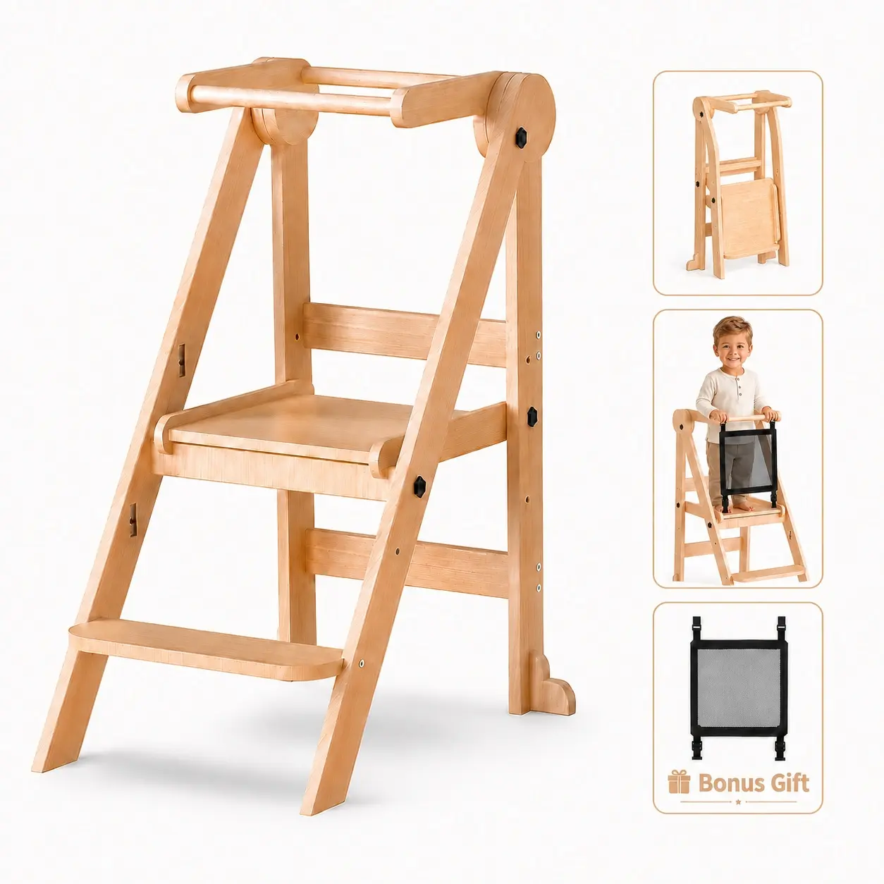 Foldable Toddler Tower, 3 Adjustable Height Toddler Standing Tower, Wooden Kids Kitchen Stool Helper with Safety Rails, Space Saving Kids Step Stool - Ages 18 Months to 6 Years