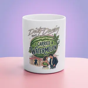 Sturdy Classic Line Ceramic Mug - 80s Retro Movie Quote "I Carried A Watermelon" Drinkware, Cartoon Illustration Customizable Graphic Coffee Cup, Nostalgic Gift for Movie Lovers