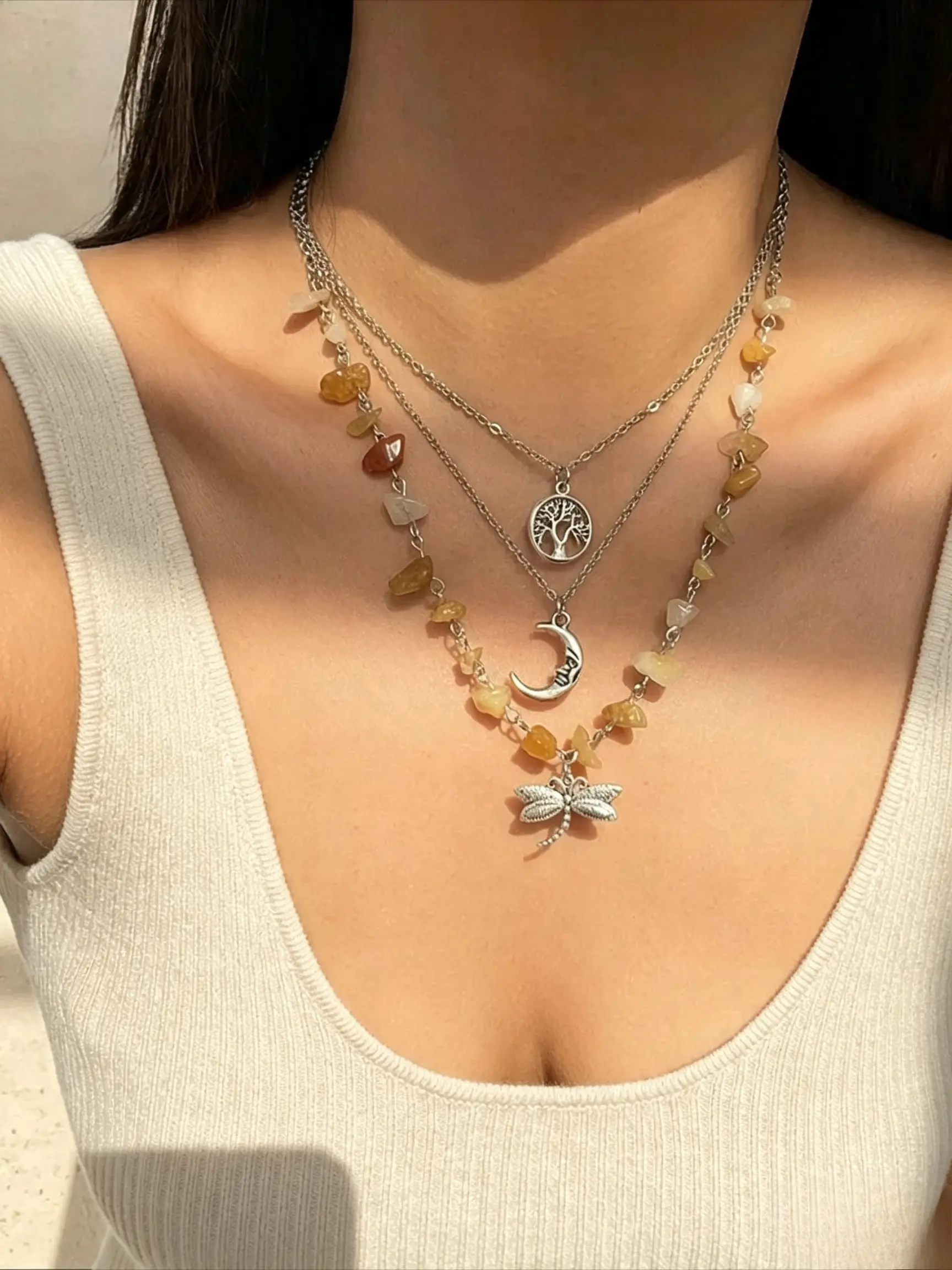 Women's Artificial Crystal & Star & Triple Moon Pendant Necklace, Decorative Necklace, Jewelry for Party, Jewelry for Gift, Statement Necklace, Stackable Necklace