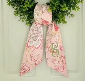 Monogram pink floral chinoiserie wreath sash for front door, personalized embroidered spring Easter wreath sash, custom wedding shower gift