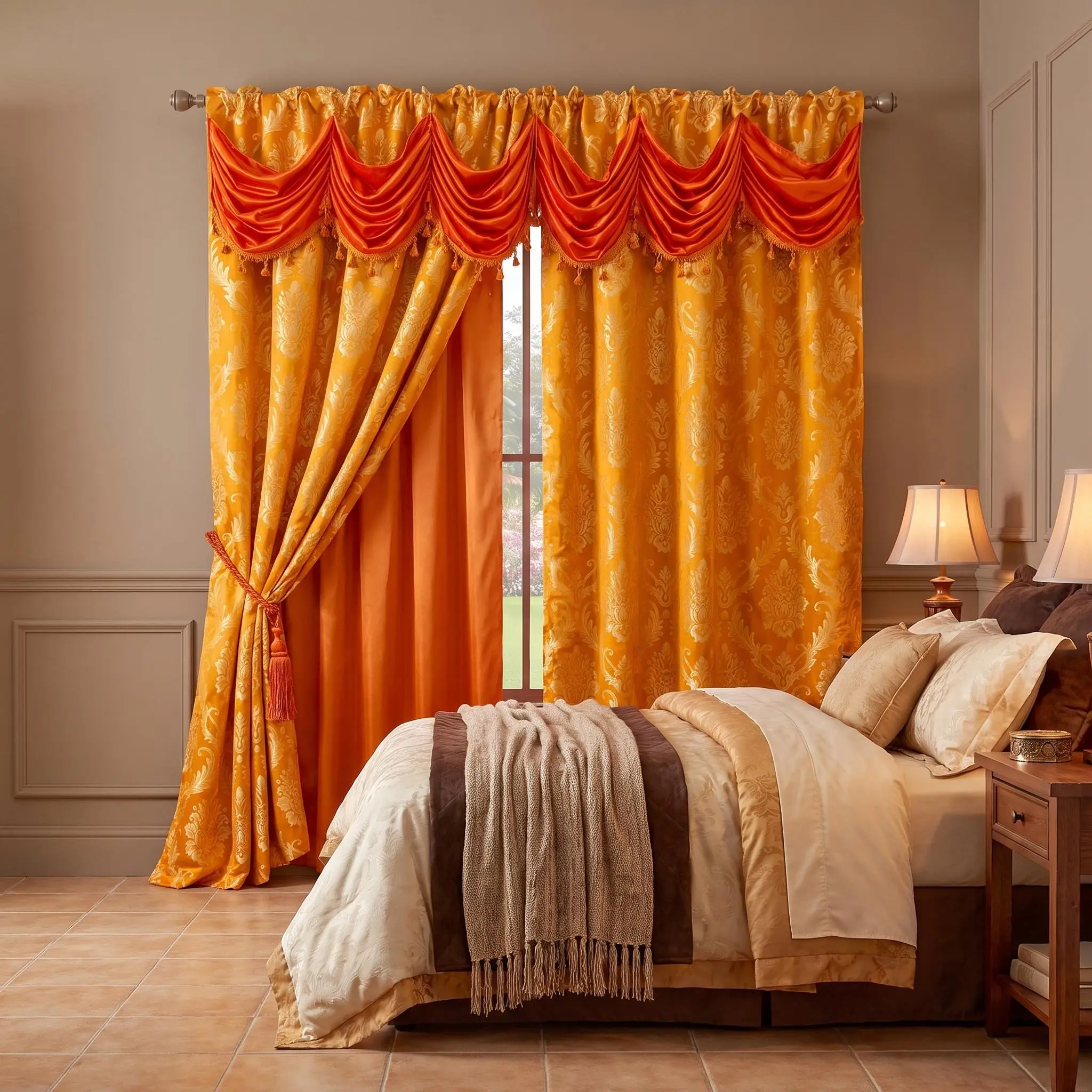 2-Panel Double Layer Jacquard Rod Pocket Blackout Window Curtains with Waterfall Valance, 52x (84 95 102 110) inch Wrinkle-Resistant, Anti-Shrink Premium Home Decor, Bedroom Household Textile Accessory, JV1