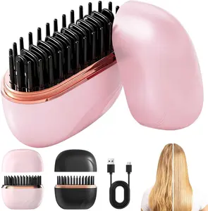 Mini Rechargeable Hair Straightener Brush – Portable Fast Heating Hot Comb with 3 Temperature Control, Type-C Charging for Travel & Home