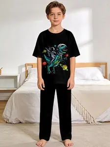 Space Dinosaur Astronaut 2-piece boys' digital printed short-sleeve pajamas with long sleep pants, made of flame-retardant fabric. A fashionable, trendy, casual, comfortable and soft pajama set, suitable for sleeping and home leisure. 100% polyester,