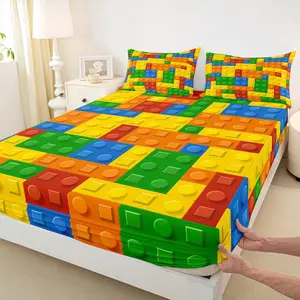 Building Blocks Bed Sheets Set for Kids Boys Games Colorful Bedding Set Toy Brick Geometric Fitted Sheet Child Bedroom with 2 Pillowcase,No Top Sheet