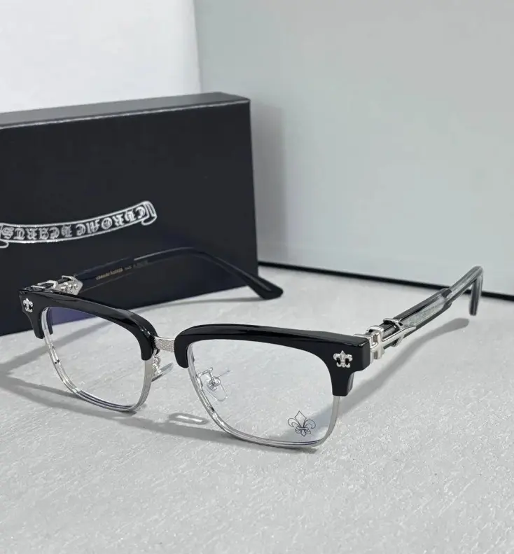 Chrome Hearts Unisex Retro Browline Clear Lens Glasses, Black Silver Half Rim Fashion Eyewear